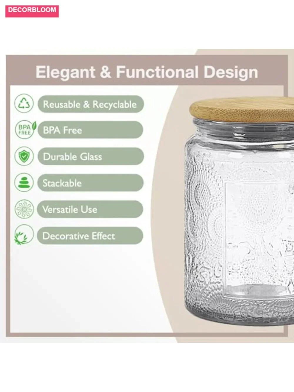 6 Pack 8 oz Decorative Glass Jars with Bamboo Lids, Airtight Food Storage